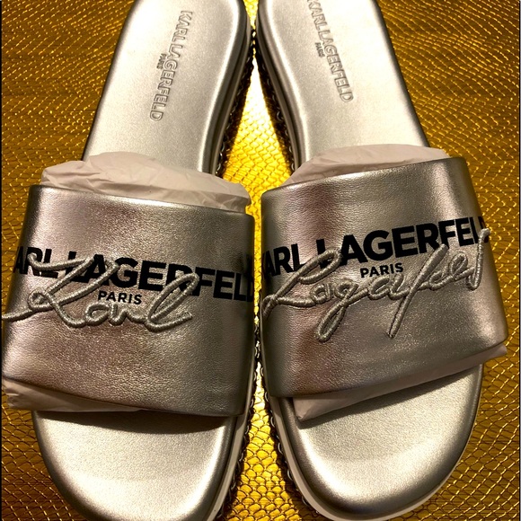 Karl Lagerfeld Shoes - Karl Lagerfeld Paris Beda Metallic Silver Leather Bling Slides - size 7